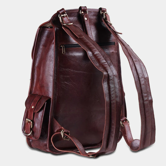 Side profile of The Frontier leather backpack showing premium buffalo leather craftsmanship