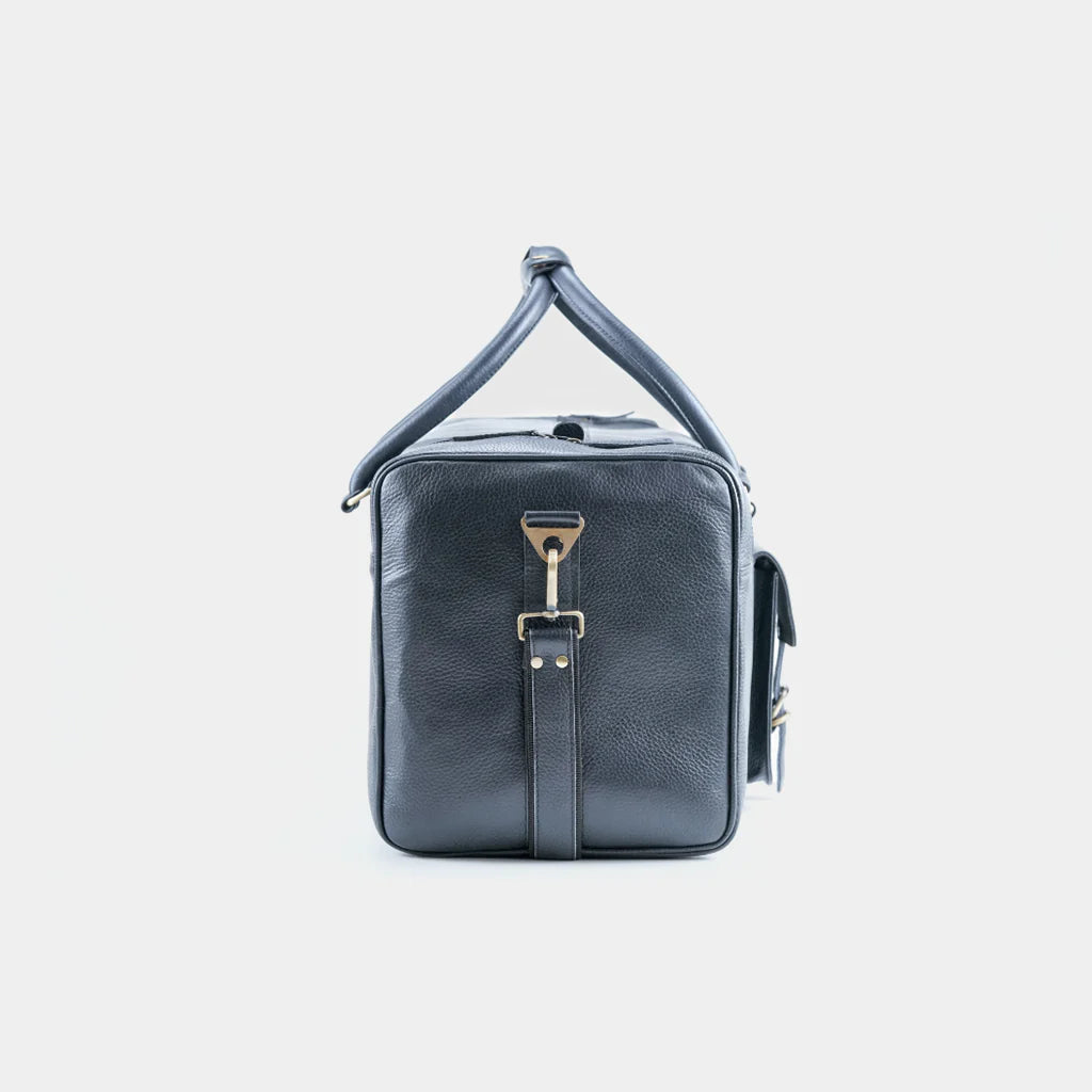 Front view of black leather travel duffle bag handcrafted by The Urban Parcel
