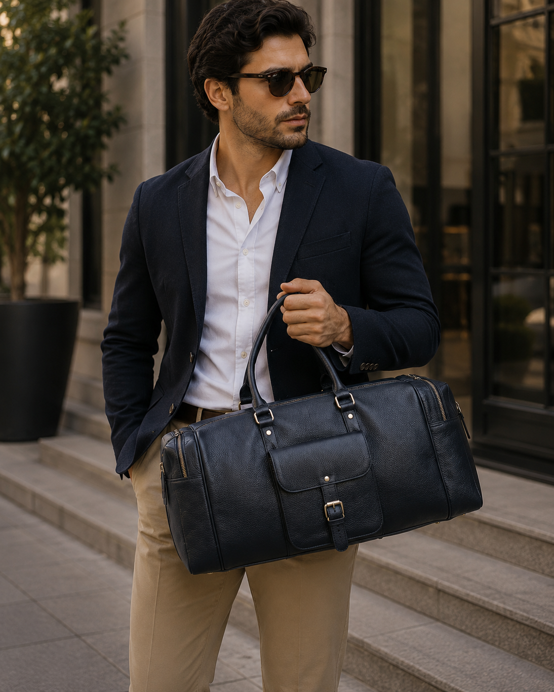 Black leather duffle bag with premium full grain leather finish