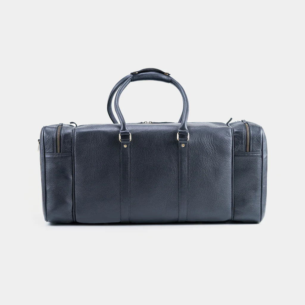 Front view of black leather travel duffle bag handcrafted by The Urban Parcel