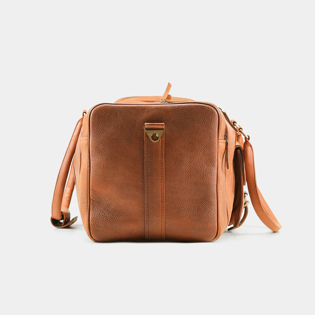 Front view of luxury cowhide leather weekender bag