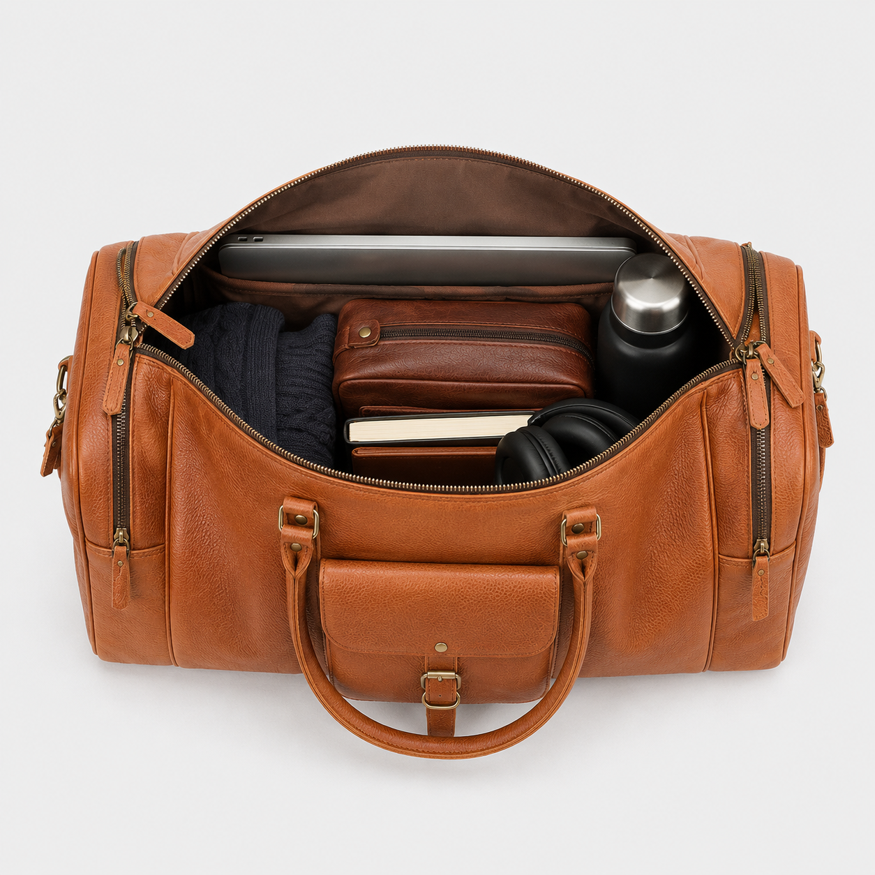 Top interior view of The Grant Duffle showing spacious storage compartments and premium lining