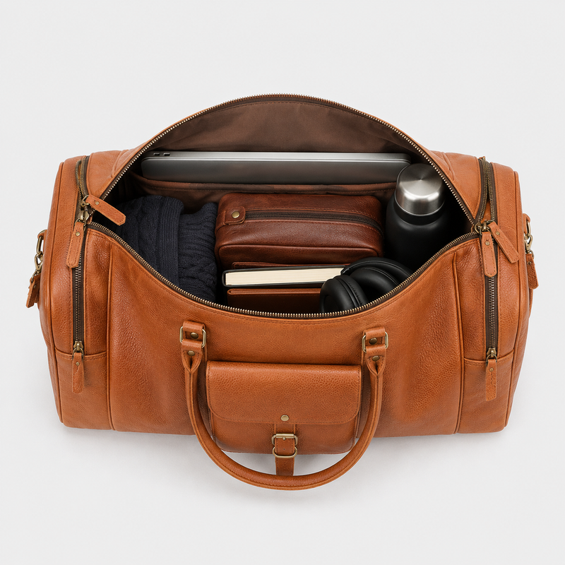Top interior view of The Grant Duffle showing spacious storage compartments and premium lining