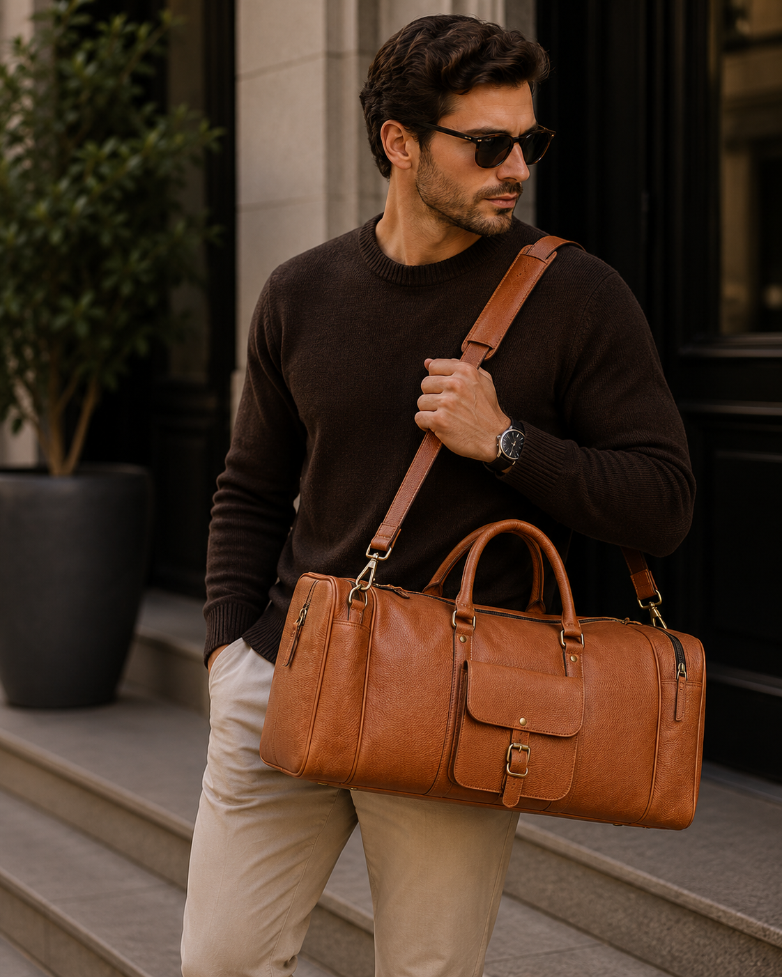 Man carrying The Grant Duffle premium leather travel bag outdoors