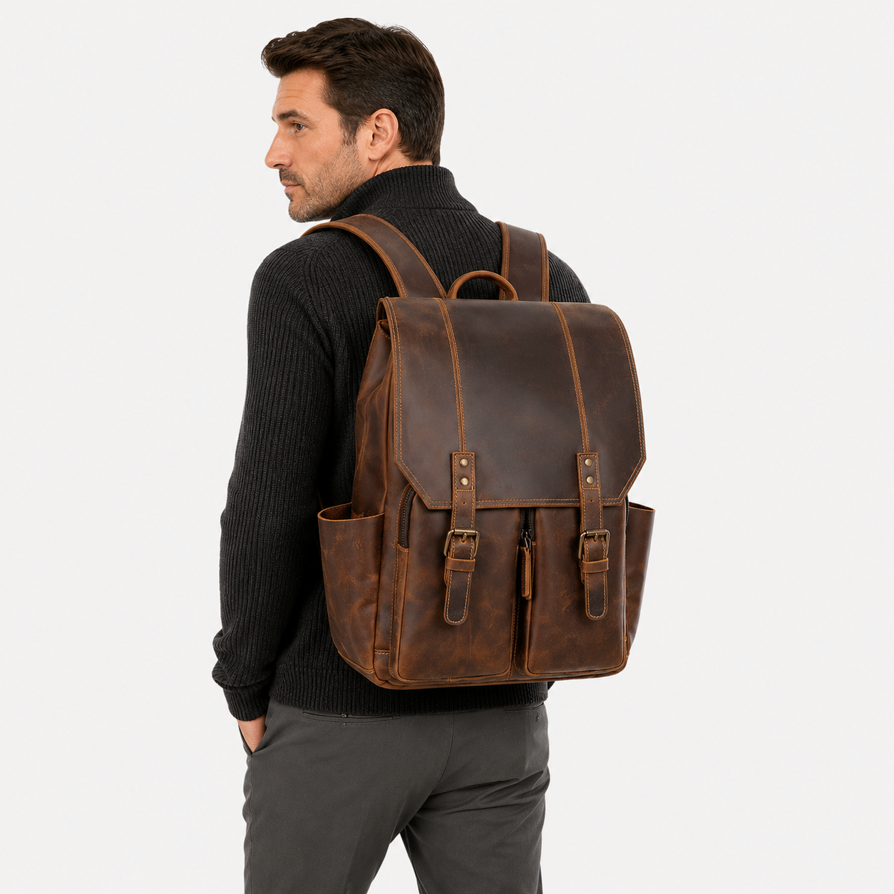 Professional wearing The Highland leather backpack during daily commute
