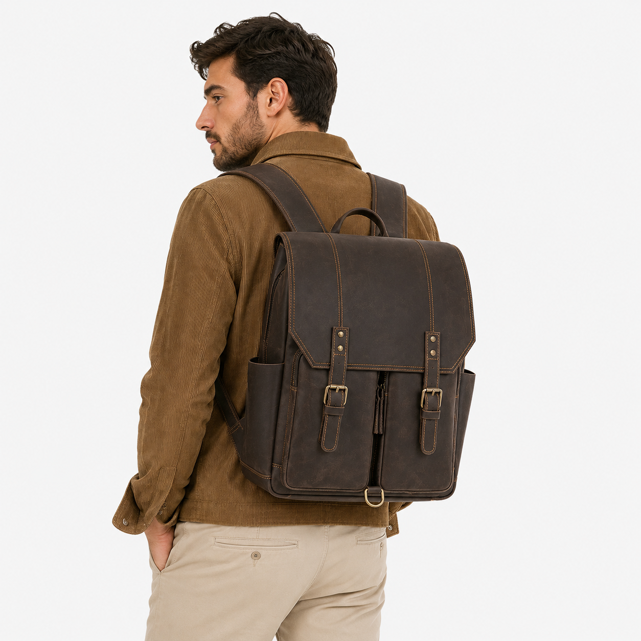Professional wearing The Highland leather backpack during daily commute