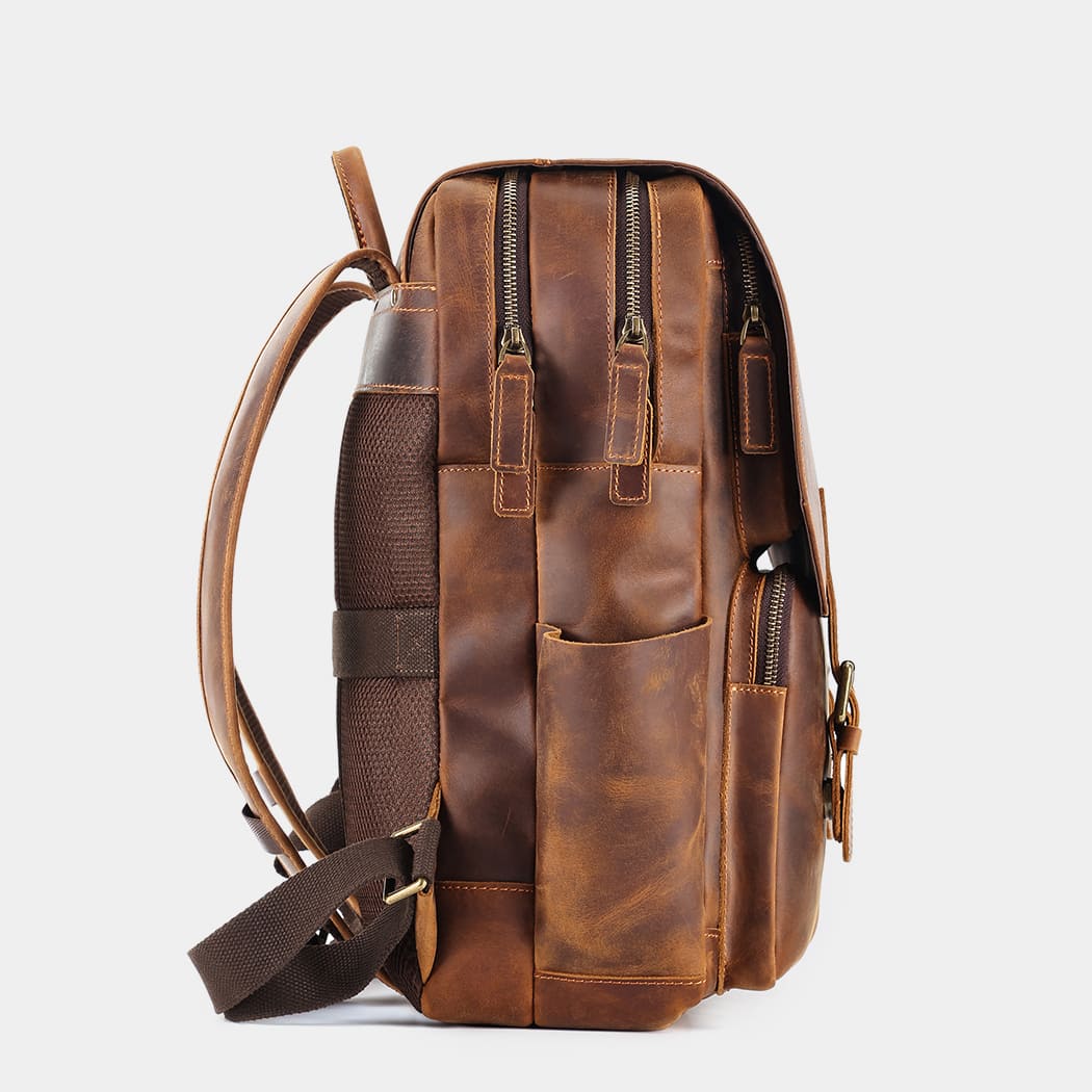 Professional wearing The Highland leather backpack during daily commute