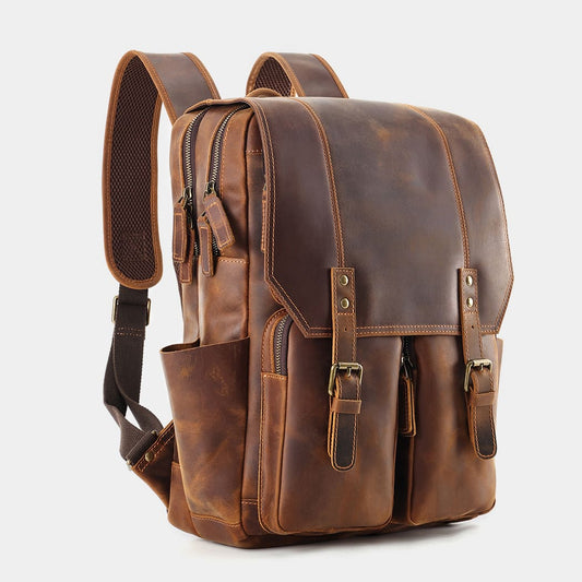 Side profile of The Highland leather backpack with adjustable shoulder straps and premium leather finish