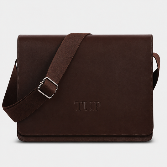 The Mercer full grain leather briefcase in dark brown with adjustable shoulder strap for business and office use