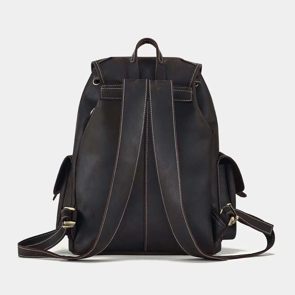 Rear view of The Outlander leather backpack with adjustable padded shoulder straps