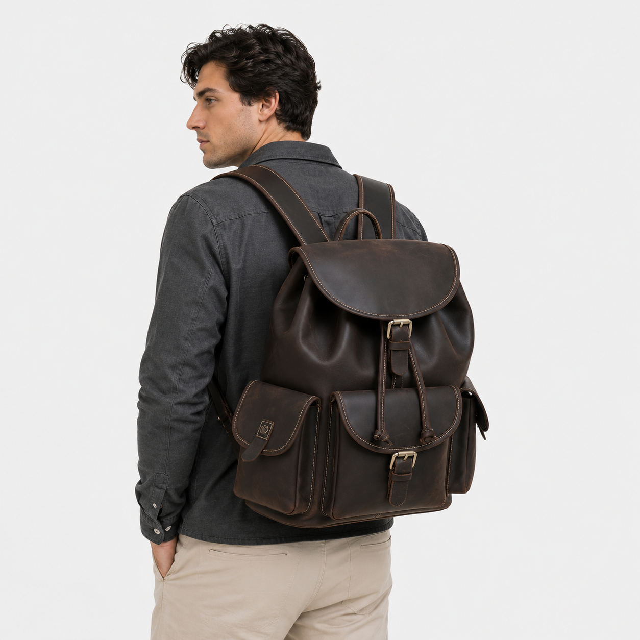 Professional wearing The Outlander leather backpack during business travel