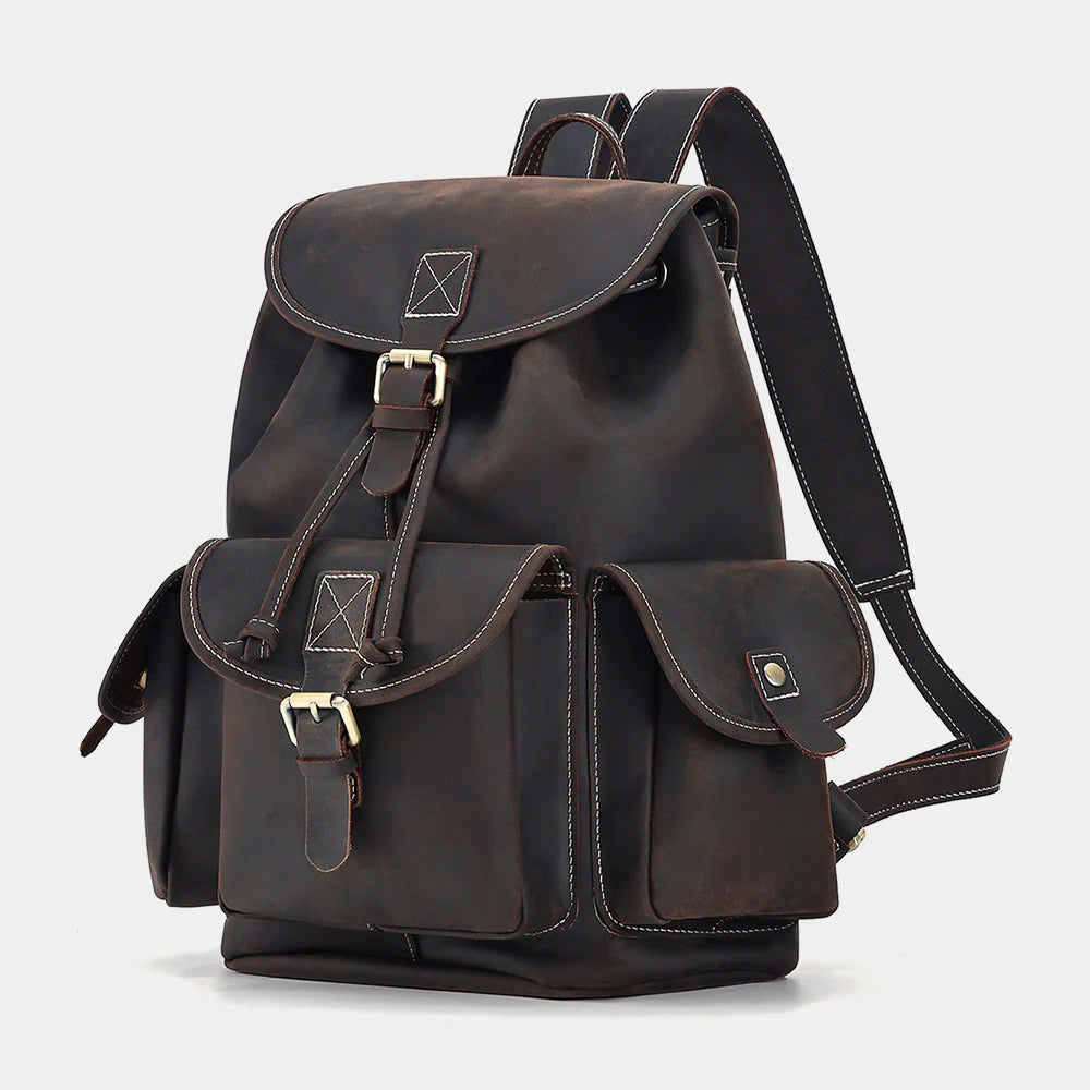Side view of The Outlander leather backpack showing premium craftsmanship and utility pockets