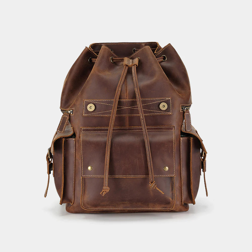 Rear view of premium leather backpack with breathable mesh back panel