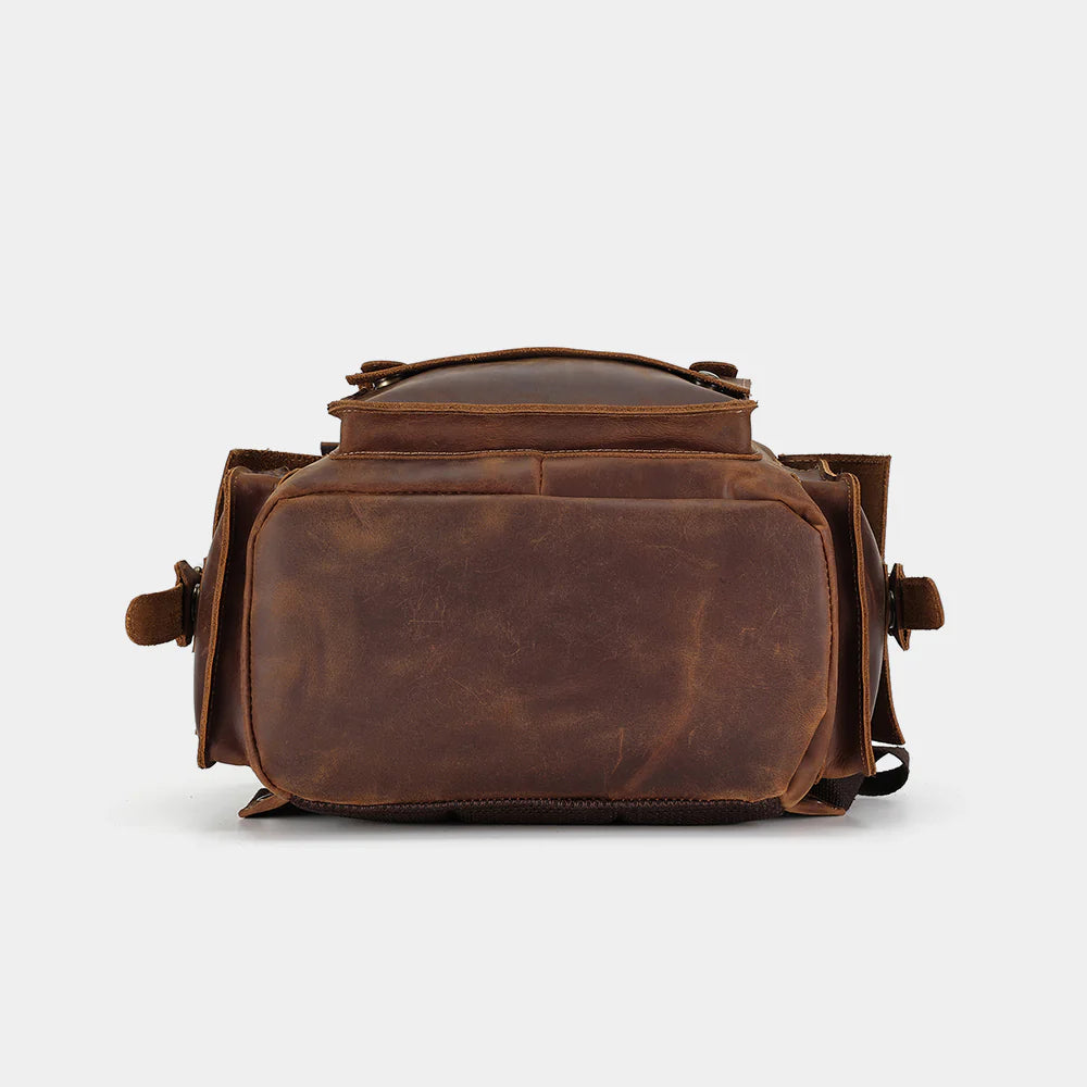 Bottom view of full grain leather backpack with reinforced construction