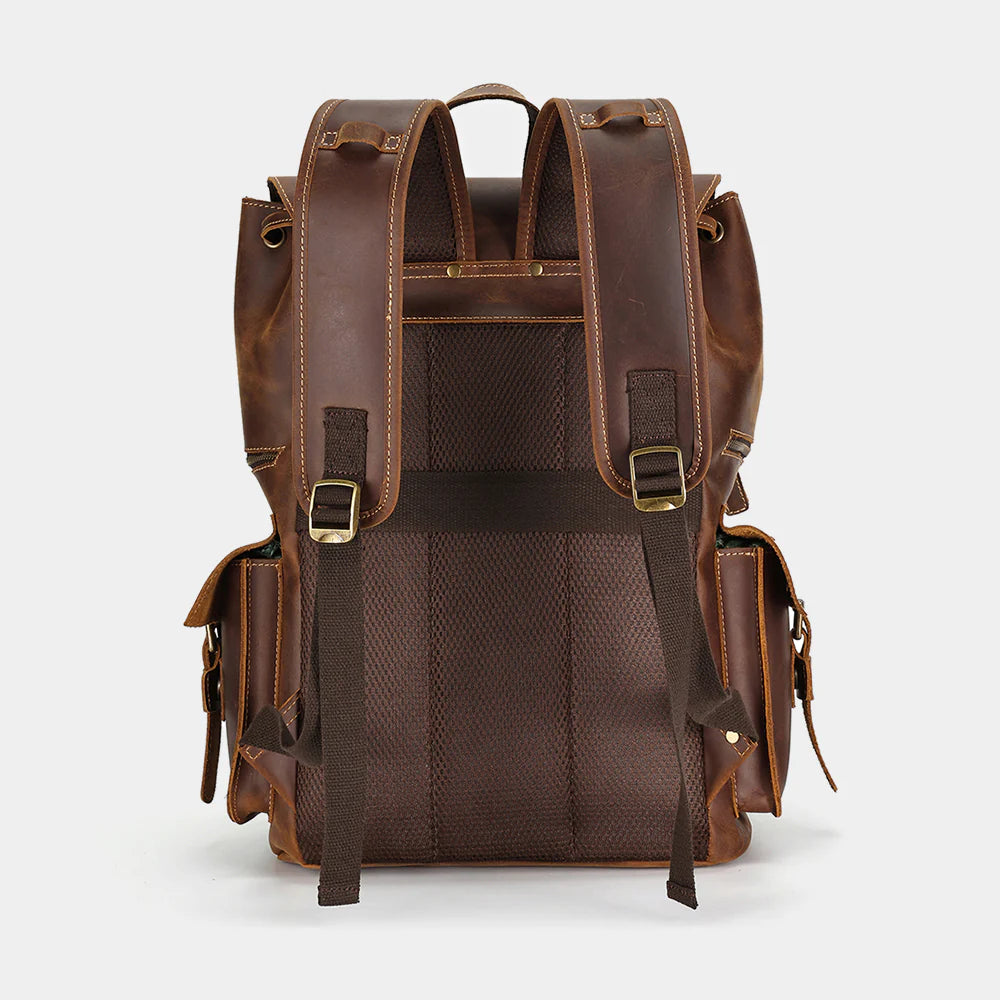 Bottom view of full grain leather backpack with reinforced construction