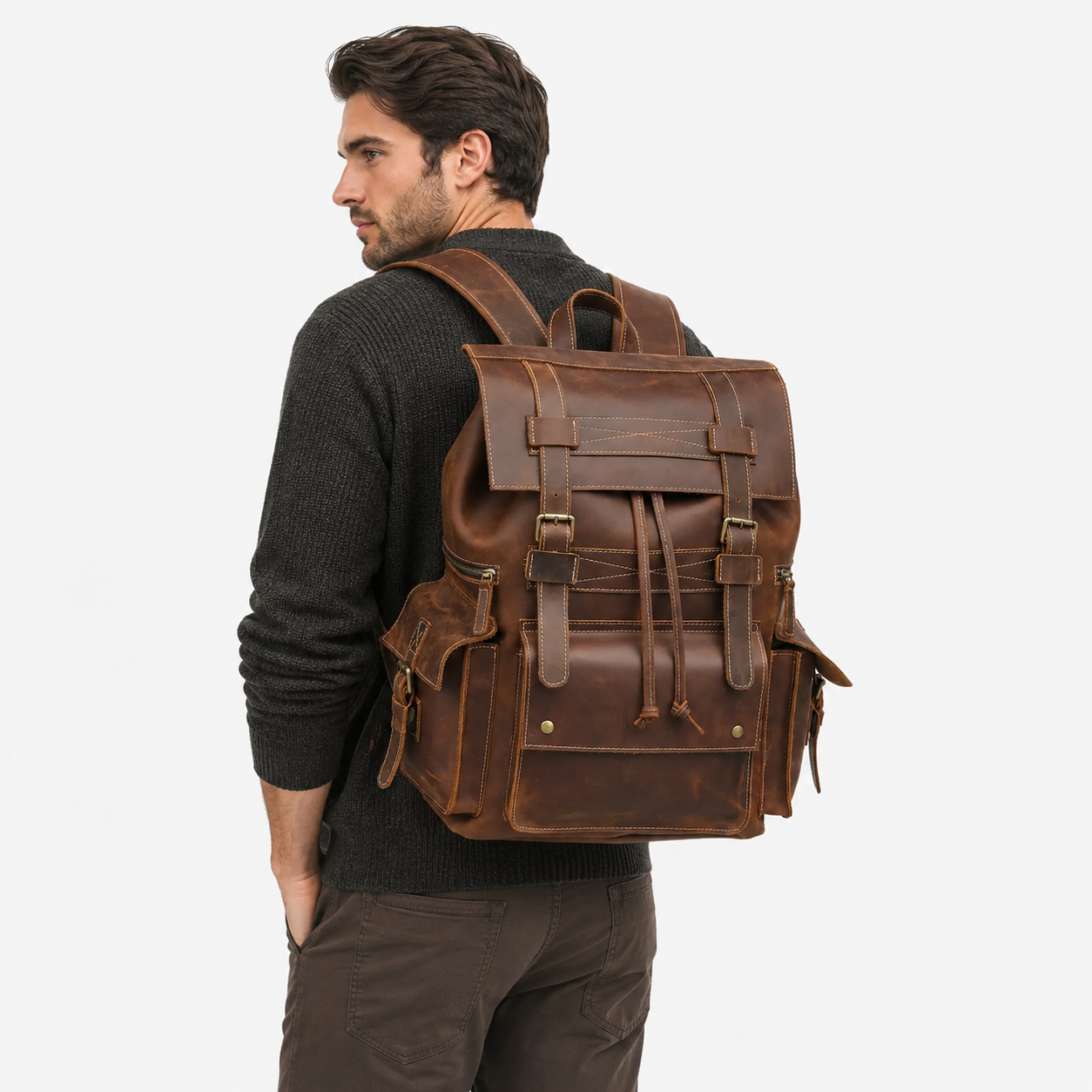 Professional carrying The Ranger leather backpack during business travel