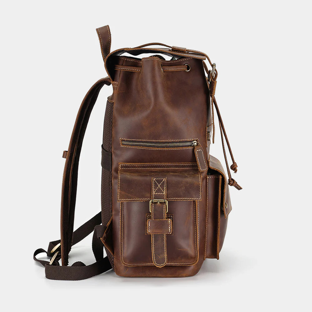 Side profile of handcrafted leather backpack for work and travel