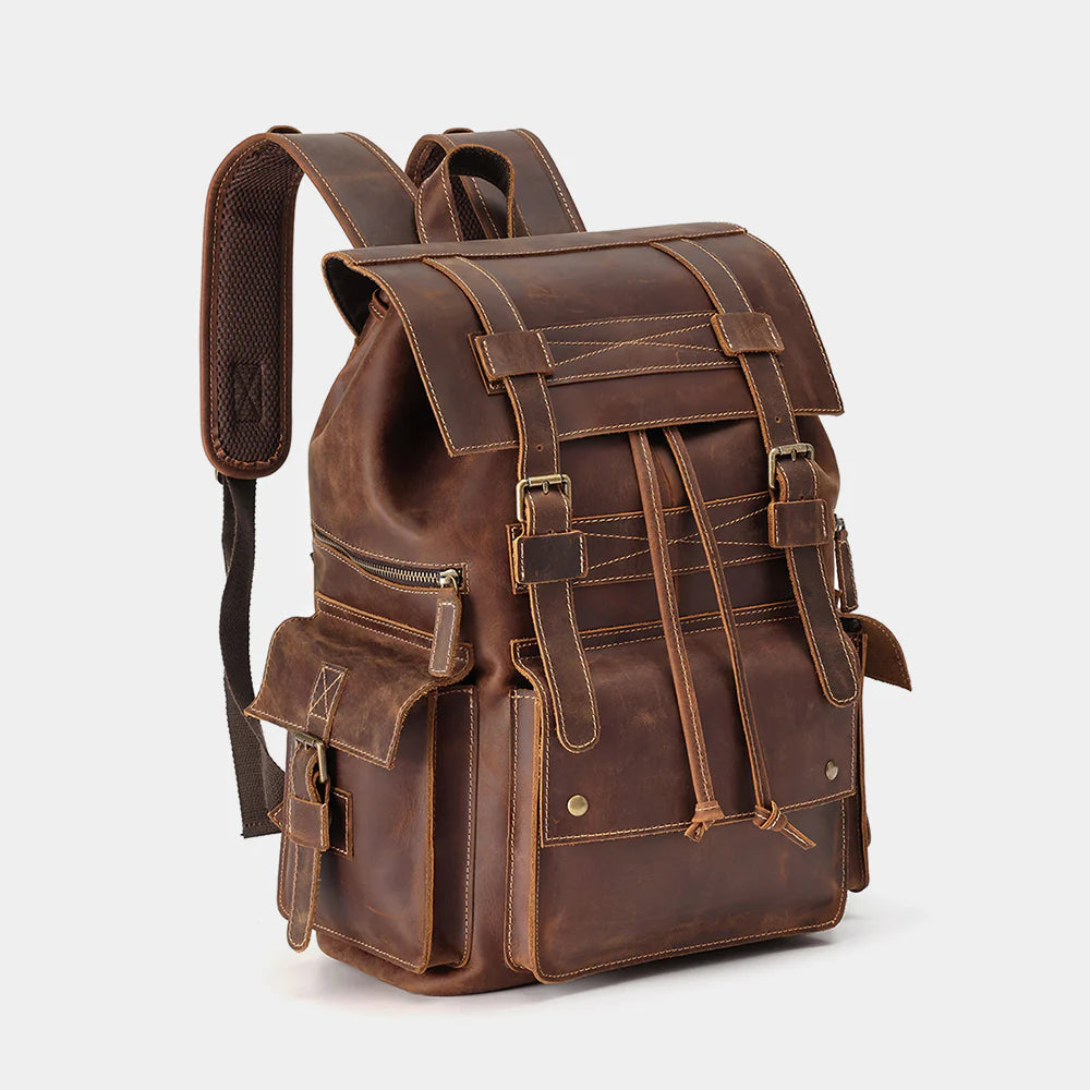 Side view of The Ranger leather backpack with adjustable shoulder straps
