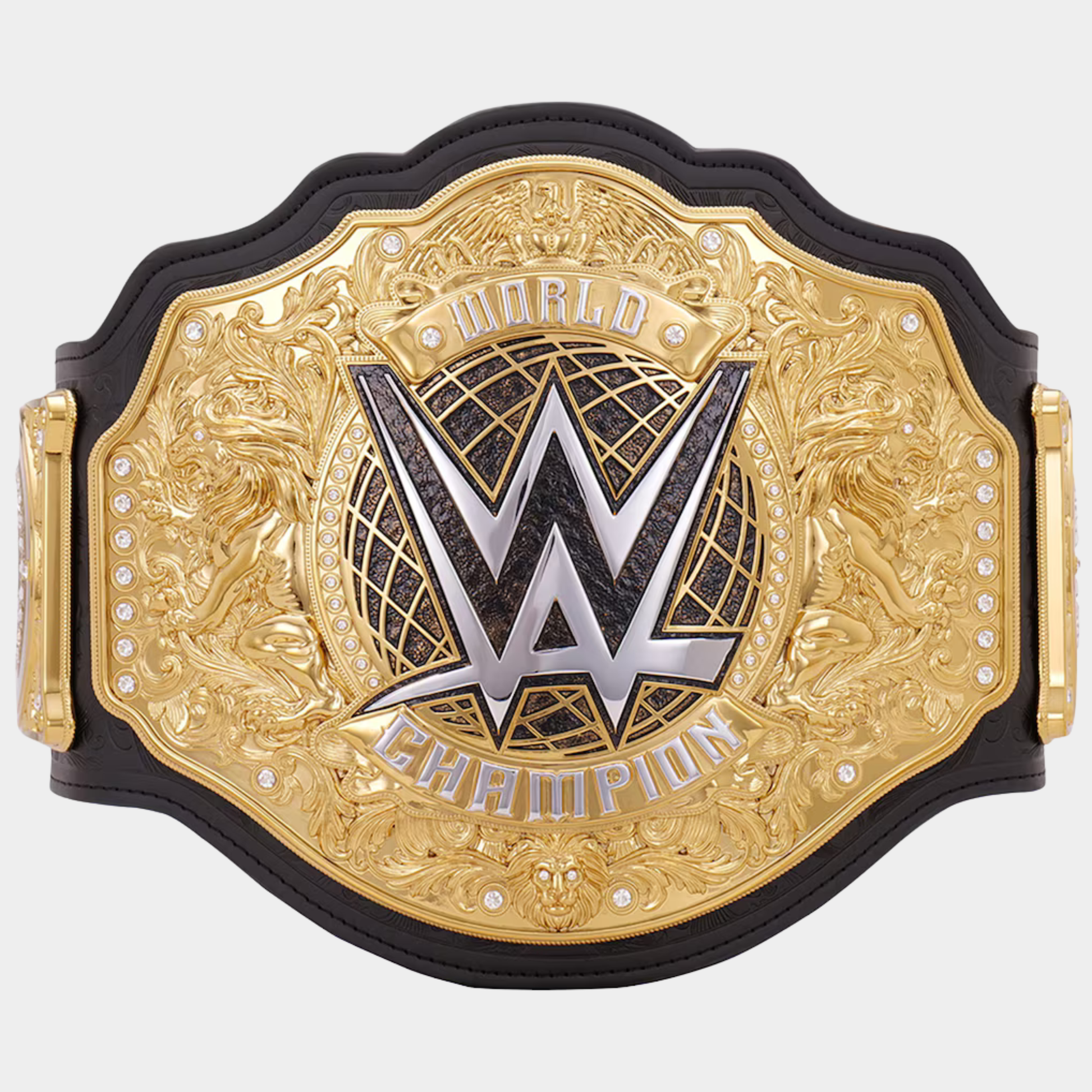 The Sovereign World Heavyweight Championship premium replica belt with gold-plated center plate and genuine leather strap