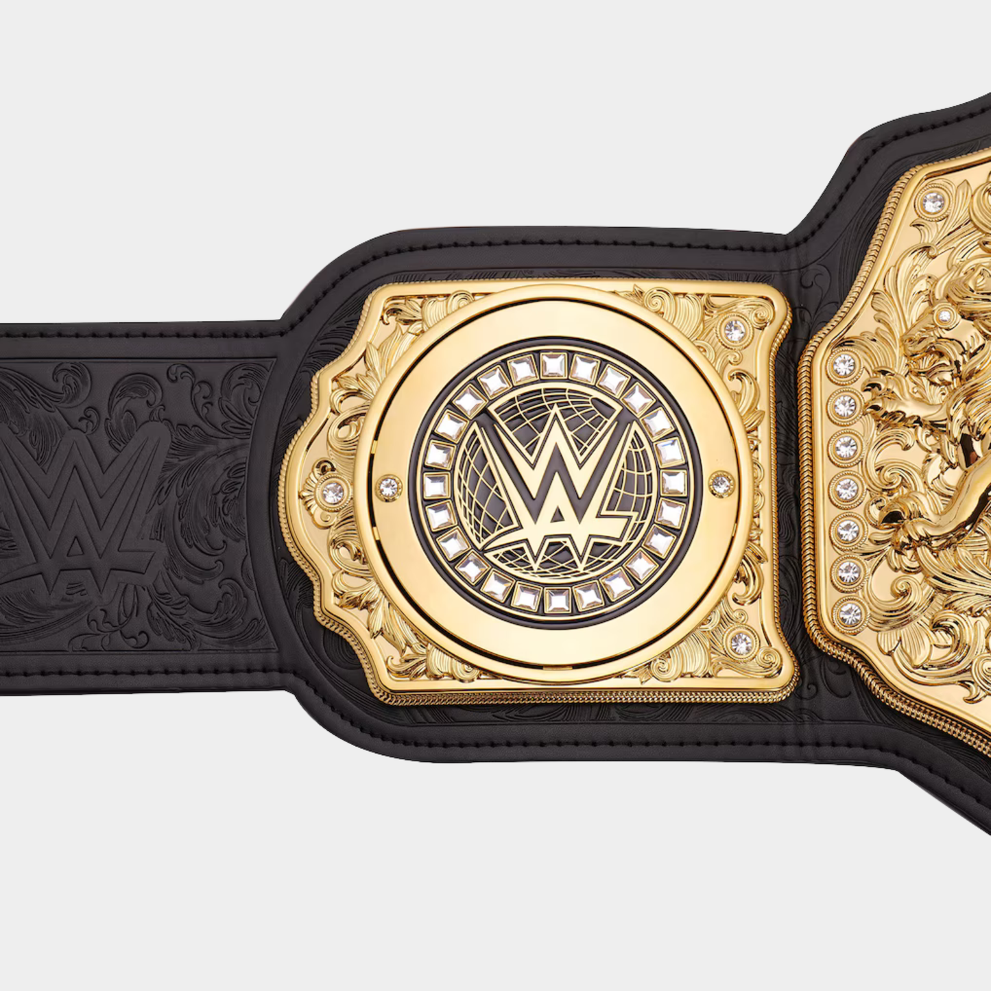 Detailed gold side plates of The Sovereign Championship Belt