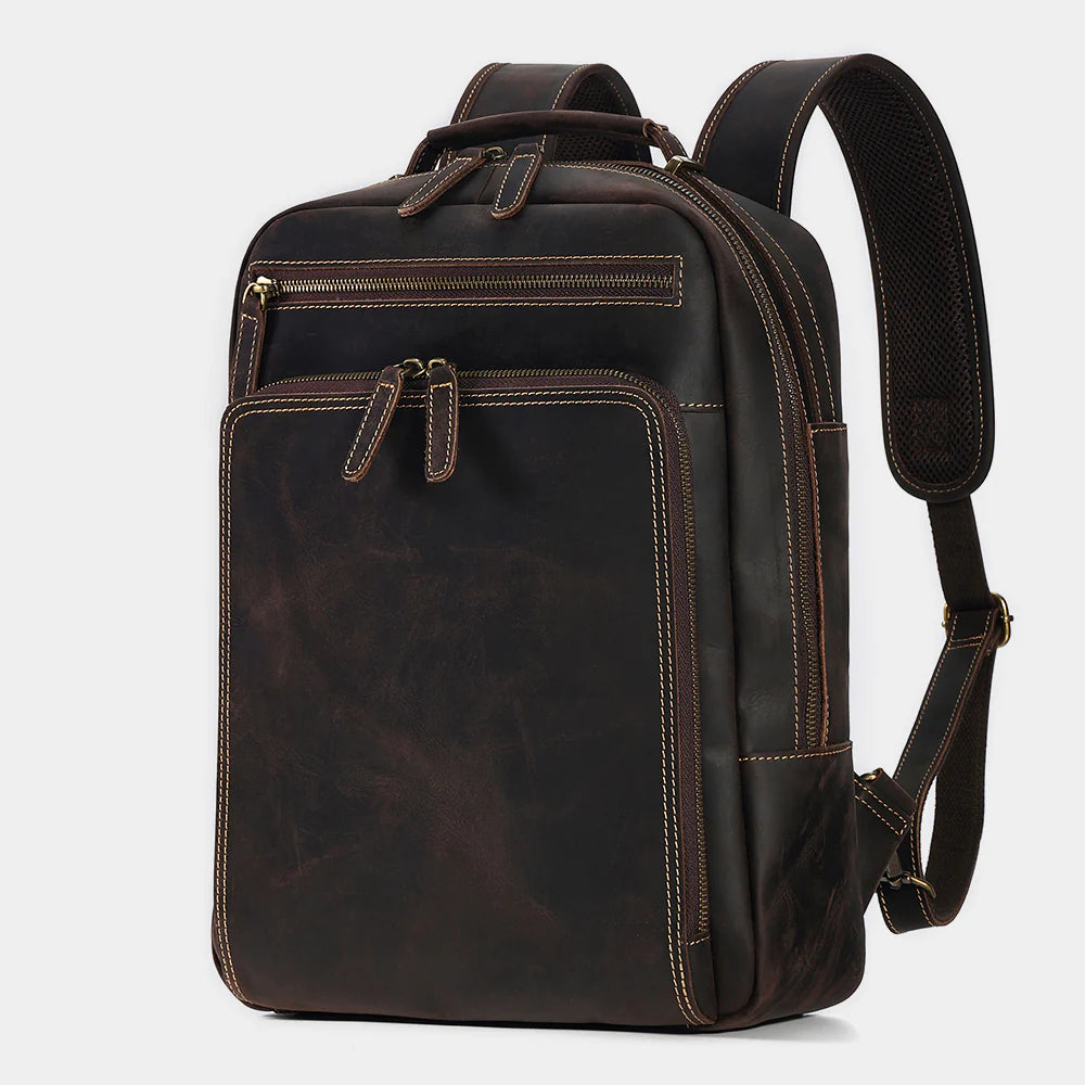 Side view of black leather backpack with premium craftsmanship