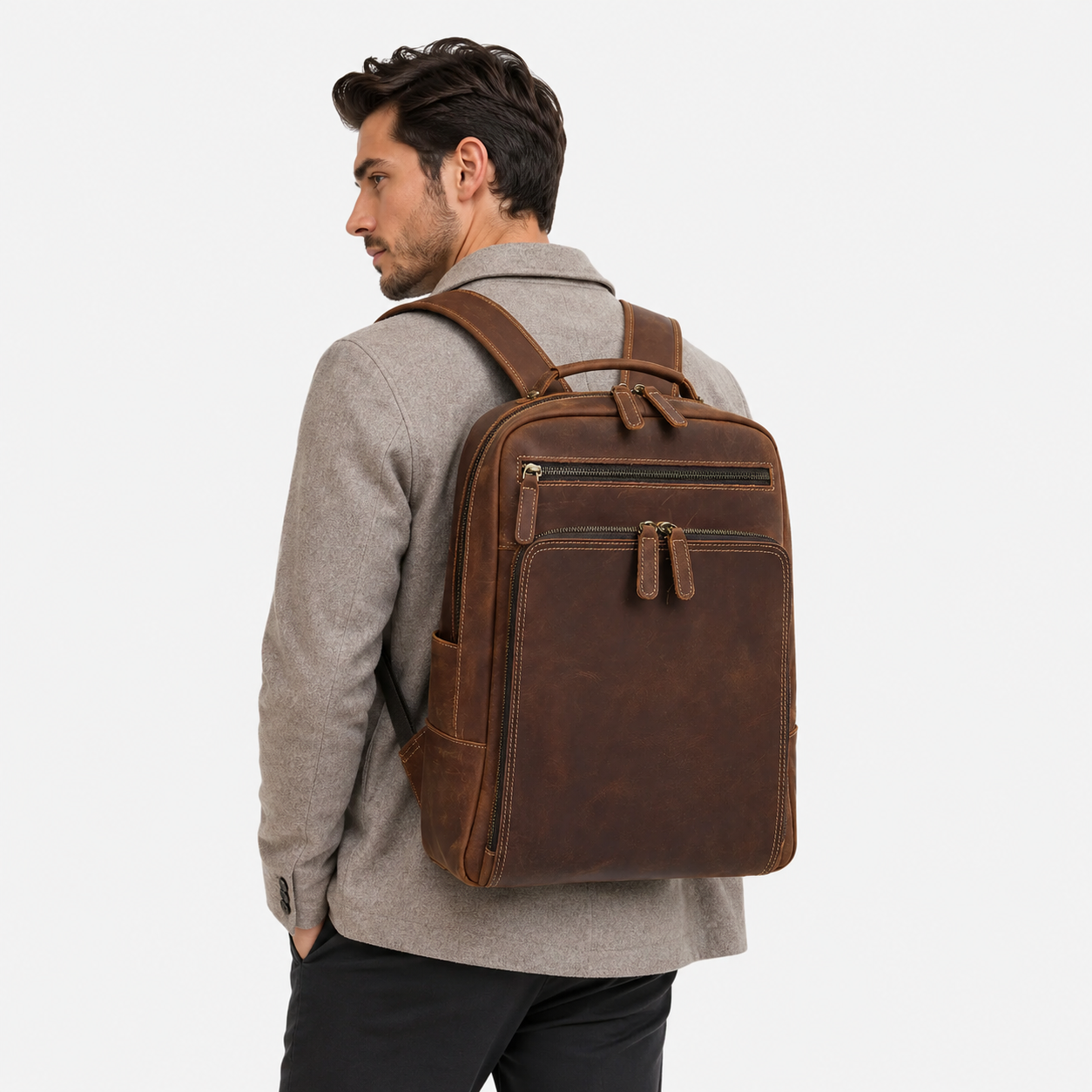 Professional carrying The Sterling leather backpack for office and business travel
