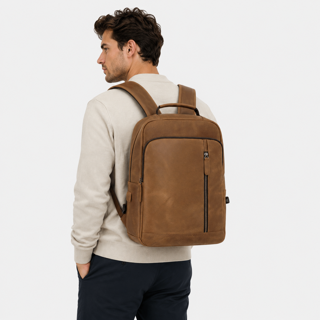 Professional carrying The Sterling leather backpack during daily commute