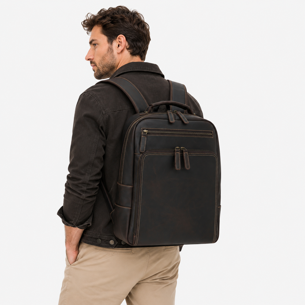 Lifestyle image of The Sterling leather backpack during everyday commuting