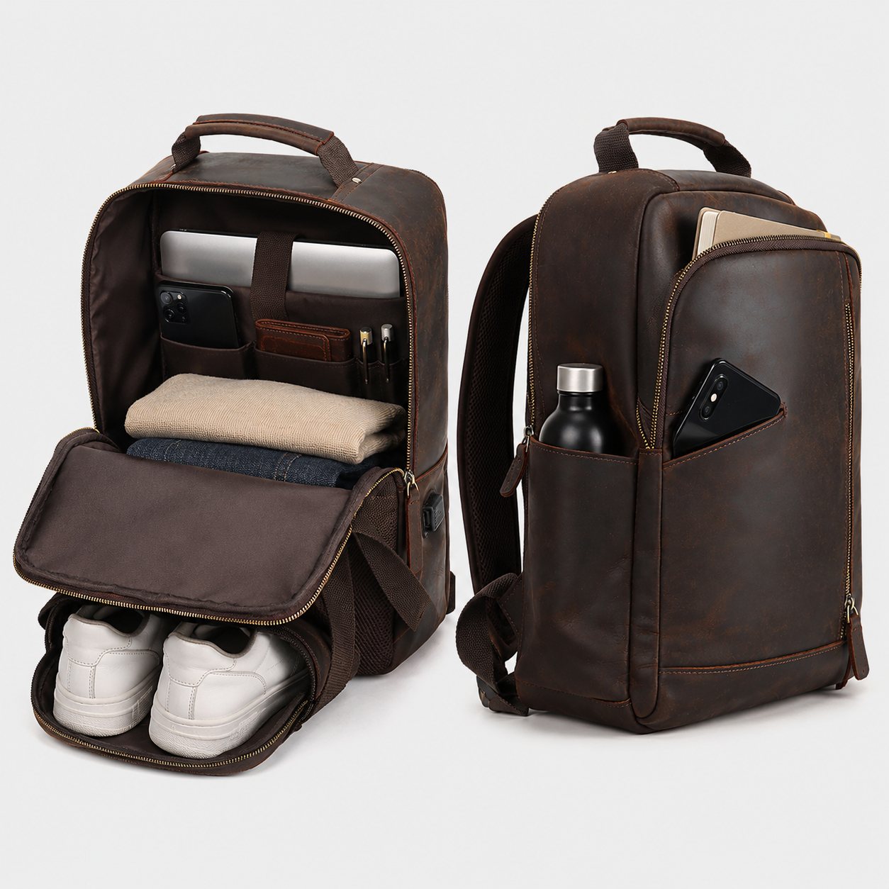 Interior of The Sterling backpack showing padded laptop compartment and organized storage