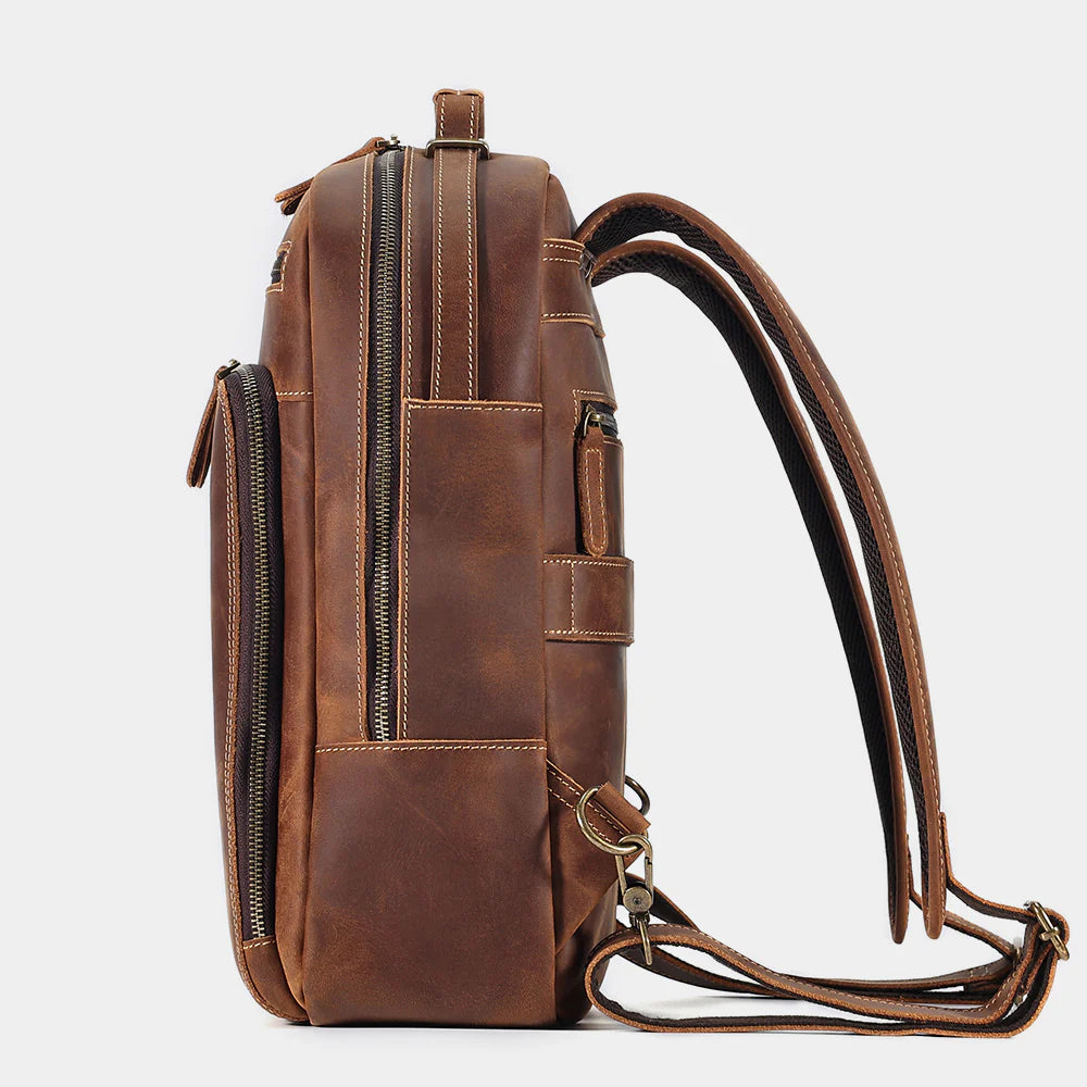 Side profile of premium leather backpack with adjustable shoulder straps