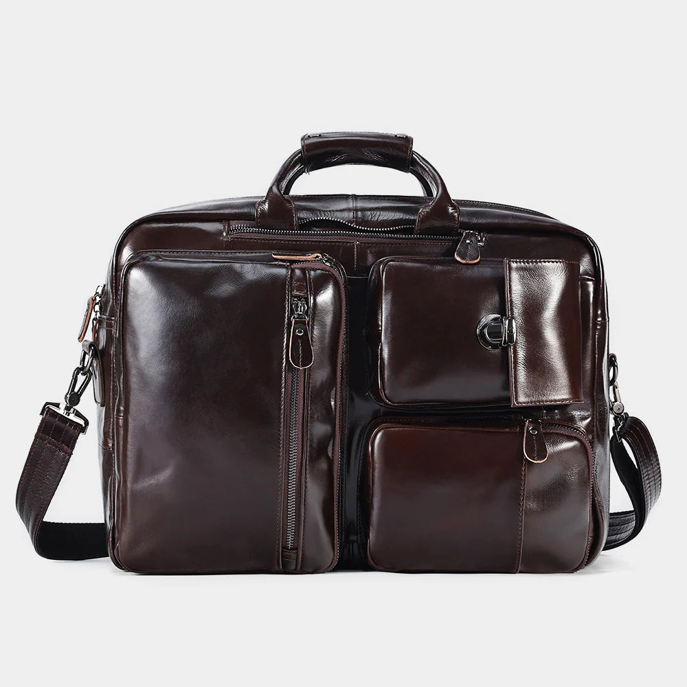 Leather backpack converted into a professional briefcase with retractable handles