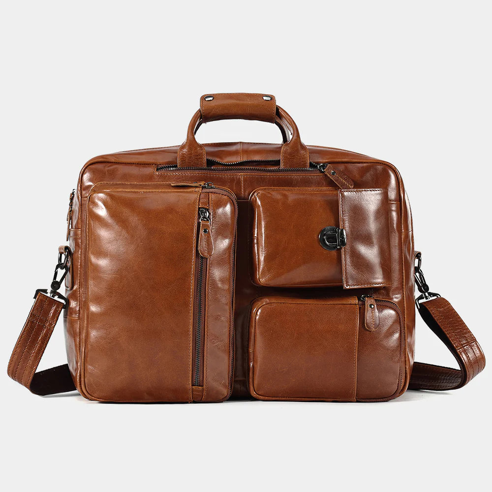 Side profile of premium leather backpack briefcase showing slim business design