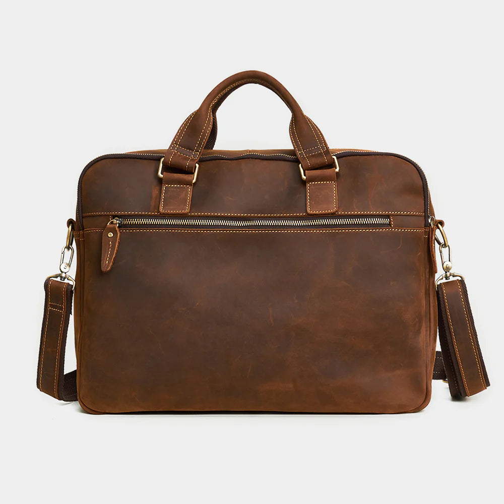 Front view of handcrafted leather briefcase with premium stitching and durable leather construction.