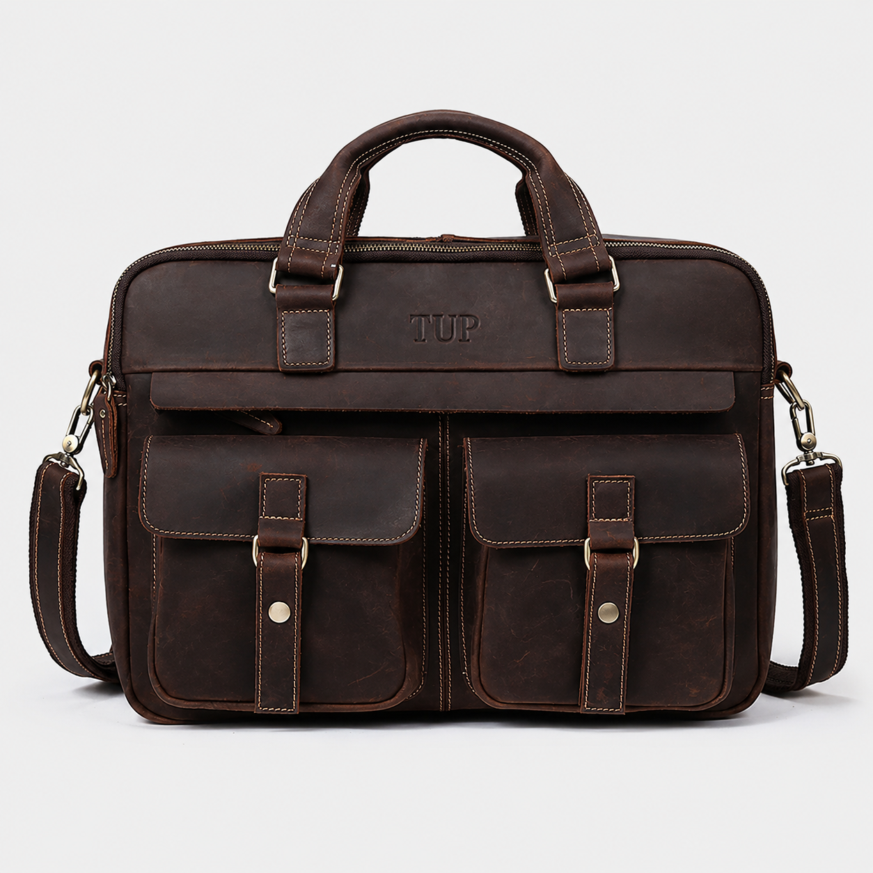 Dark brown leather messenger bag with spacious compartments for laptops, documents, and daily essentials.