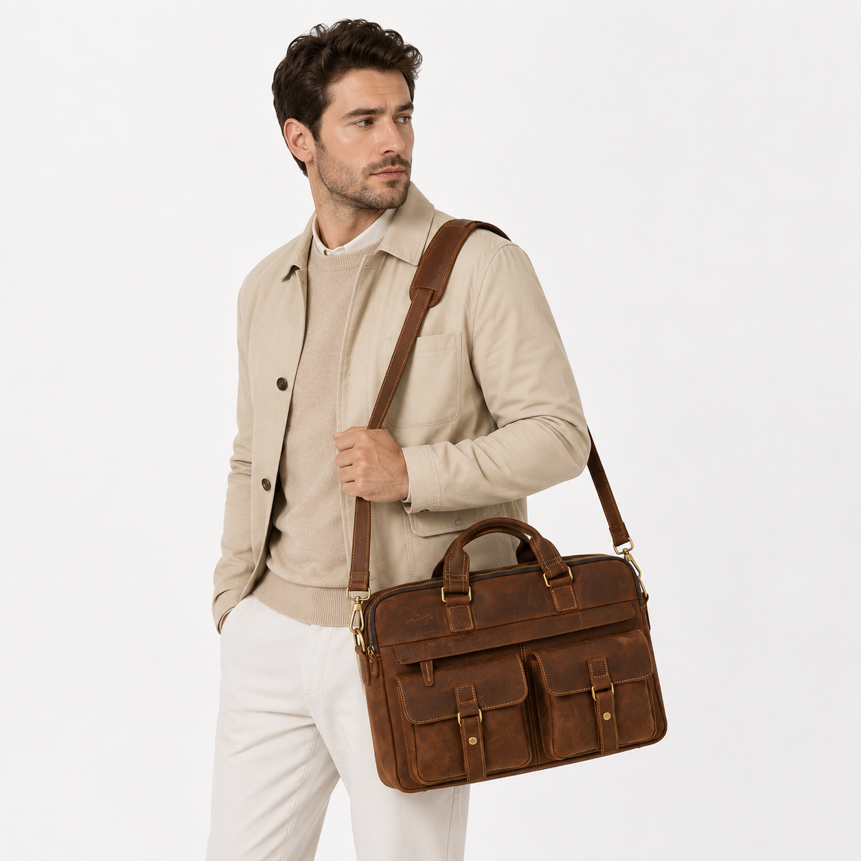 Professional carrying a brown leather messenger bag for office, commuting, and business travel.